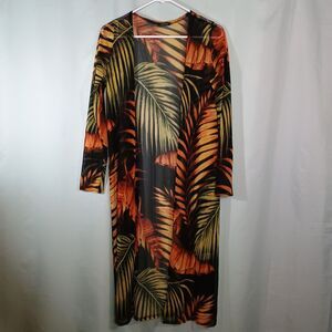 Tropical Leaf Print Dress Long Sleeve Midi Black Orange Green Dress